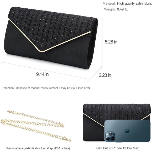 ⚡  Women's Evening Rhinestones Envelope Style Chain Strap Black Clutch Handbag - Picture 6 of 6